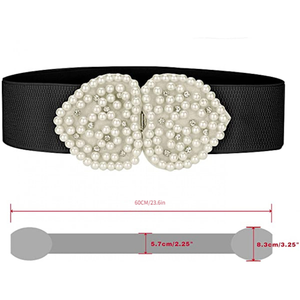 Hjerteformet design imiteret perle rhinestone dekor bælter til kvinder elastisk, bomuld, sort