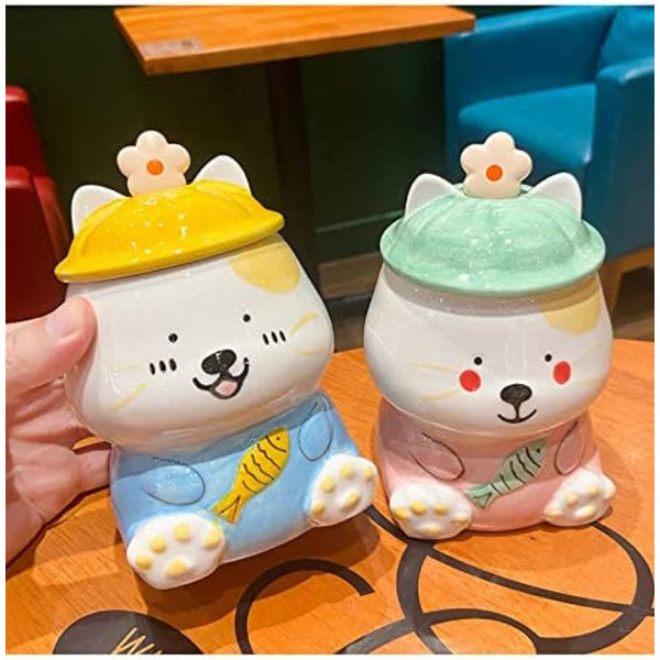 Kattmugg med sked Barn 3D mugg Katt Fiske Mjölk Kopp Keramik Kaffe Kopp Fest Födelsedagspresent Hem (kattfiske, rosa, 450 ml)
