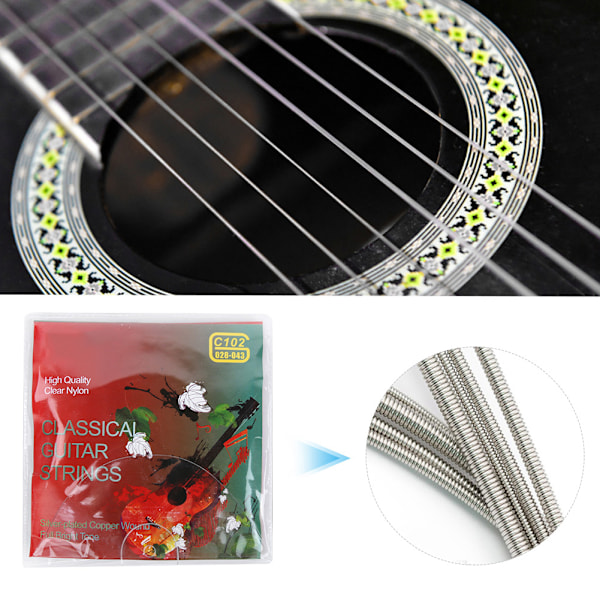 Klassisk gitar C102 streng+T-100 tuner+hvit sinklegering capo+blå brodert gitarreim sett