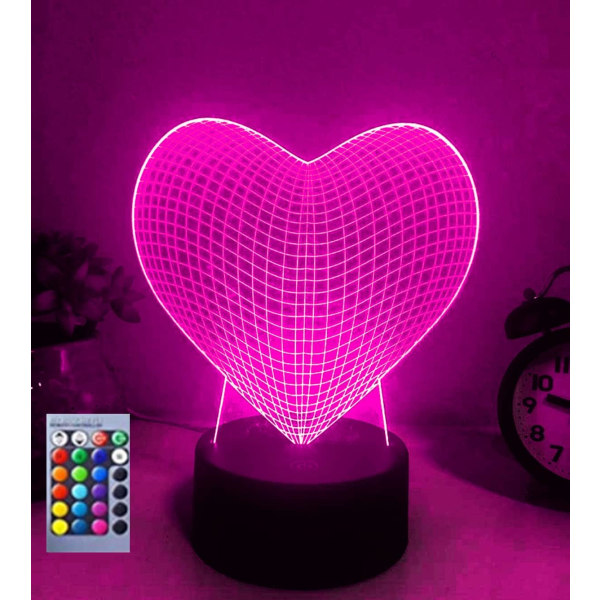 WJ 3D Kärlek Hjärta Nattljus Lampa Illusion Nattljus 16 färger Bytbord Skrivbordsdekoration Lampor Present Akryl Platt ABS-bas USB kabelleksak