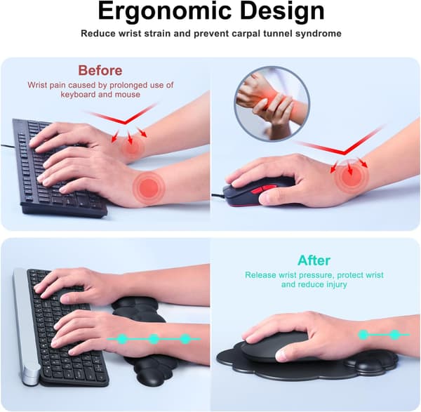 Ergonomisk sort håndledsstøttesæt - Sky-musemåtte med håndledsstøtte og tastaturhåndledsstøtte til computer/bærbar computer - Komfortabel gaming & black