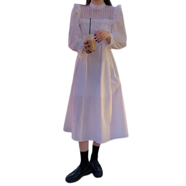 Kvinde Langærmet Ensfarvet Firkantet Hals Rynket Højtaljet Kjole Snørebånd Casual Elegant Midi Kjoler(Hvid S)