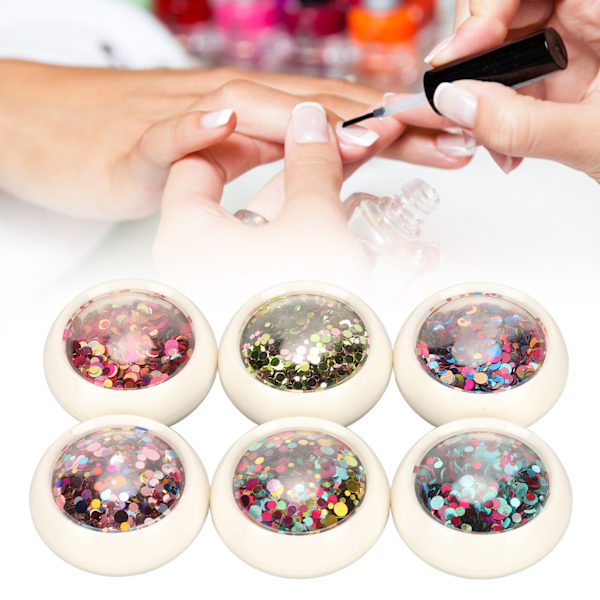 6 lådor nagelkonst glitter paljetter färgglada runda nagelglitter paljetter för DIY nagelkonst dekoration