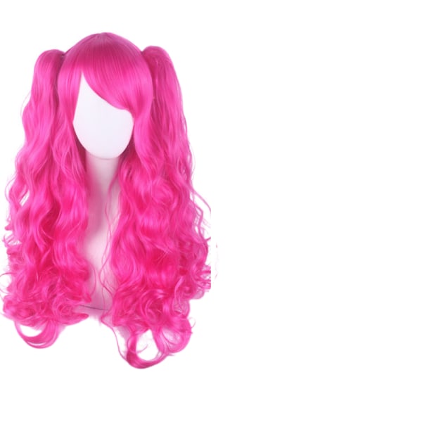 Lolita Long Curly Clip on Ponytails Cosplay Wig, Double ponytail tiger clip long curly wig (Hot Pink)