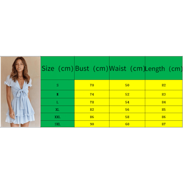 Kvinde Sommer Solid Farve Slips Kjole Slips Foran V-hals Kort Ærme Ruffle Lag A-Linje Kort Kjole ------ Himmelblå（Størrelse S）