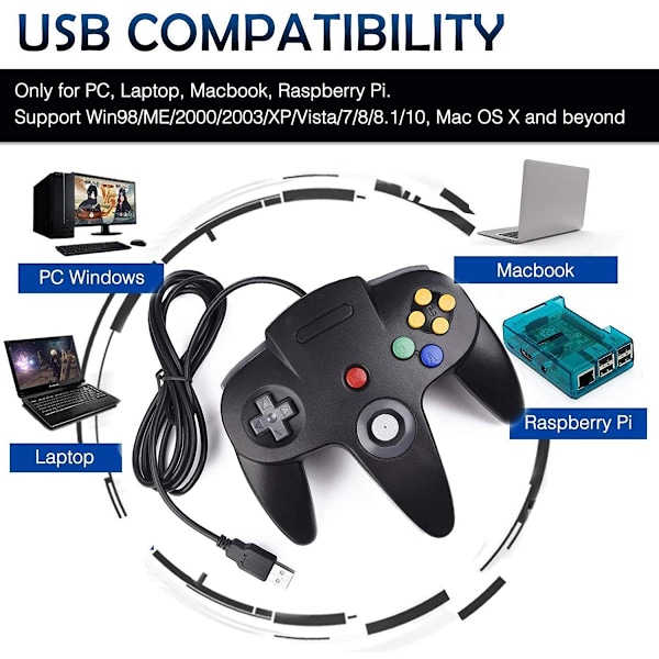 Retro USB -ohjain N64-peleille, N64 Classic USB -ohjain peliohjain, peliohjain N64 -järjestelmälle Raspberry Pi/Windows