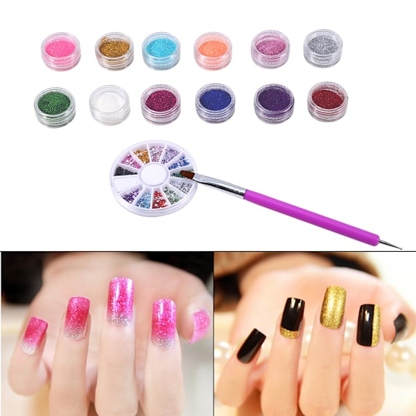 12 färger glitterpulver set nagelkonst set strass akryl UV-gel målning prickpenna verktyg