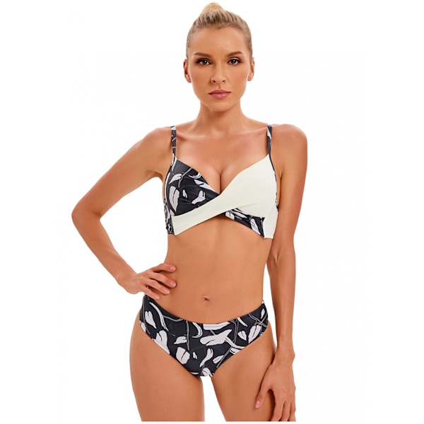 Bikini til kvinder med blomsterprint, snørebånd og V-hals, todelt badedragt, hvid, L