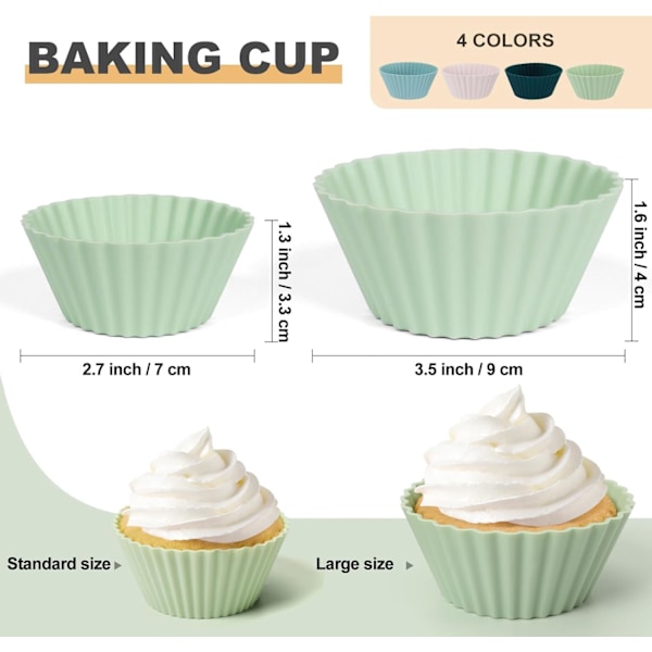 Silikon Bakekopper for Muffins, 12-pakning, Gjenbrukbare Cupcakeformer, Kakeformer, BPA-fri, Oppvaskmaskinsikker (Hvit, Grønn, Marineblå, Støvblå)