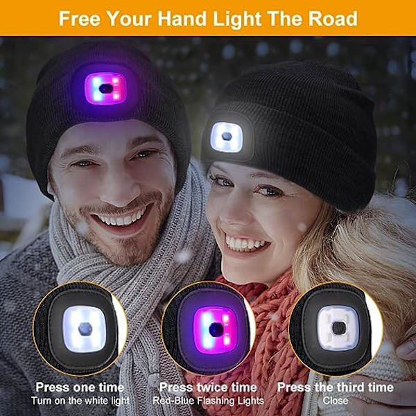 LED Vinterlue for Menn - Vinterlue med LED - 4 LED Hodelykt Lue - LED Hodelykt Vinterlue - Strikket Lue - Svart