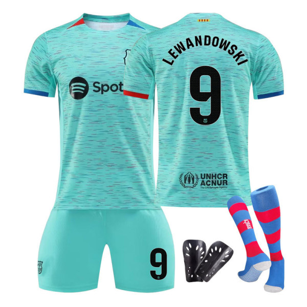 23/24 FC Barcelona Två borta barnfotbollströjor set med strumpor och skyddsutrustning 9 LEWANDOWSKI barnstorlekar18