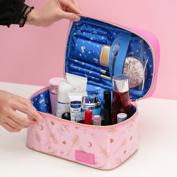 AVEKI Sailor Moon sminkväska, bärbar rese-kosmetikaväska i läder, sminkorganisatör, present till flickor och kvinnor, rosa