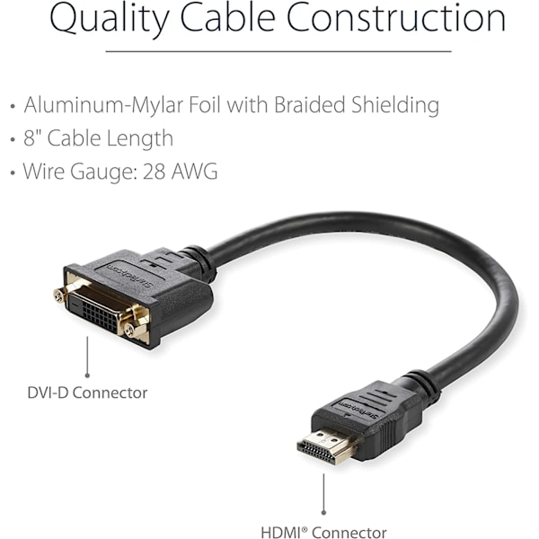 HDMI hane till DVI hona-adapter - 8 tum - 1080p DVI-D könsväxlarkabel (HDDVIMF8IN), 2-pack