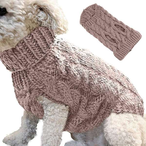 Hundtröja med polokrage, höst vinter stickad husdjur valp kläder tjock varm väst jacka (Khaki,M)