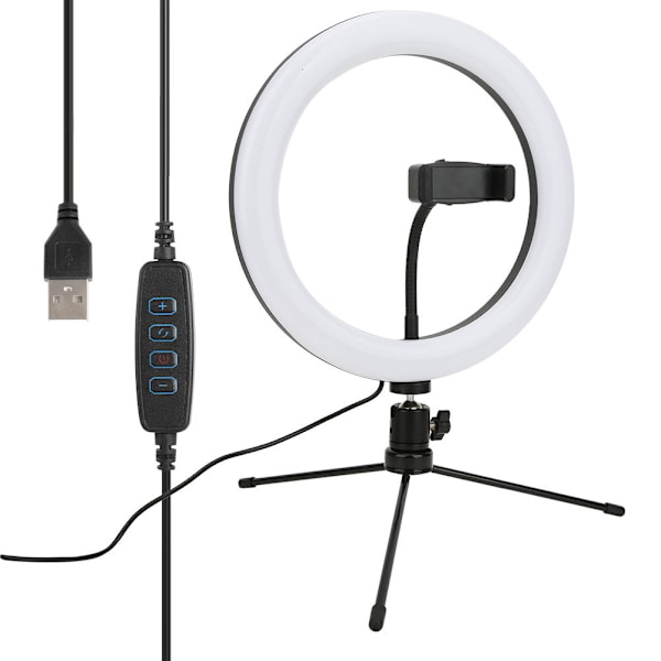 10-tums USB-ringljusset med slangtelefonklämma 10 nivåer ljusstyrka justering 3 ljuslägen för Live Make Up