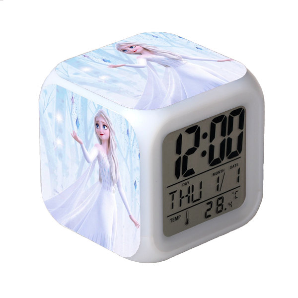 Fryst Färgglad Glödande LED-väckarklocka Anime Cartoon Barn Kvadratisk Klocka Digital Väckarklocka med Tid, Temperatur, Alarm, Datum