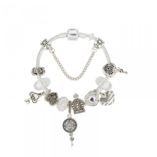 Charmarmband för kvinnor, vitt kristallarmband med pärlor, hjärthänge, alla hjärtans dagpresenter för damer, flickor (storlek: 17 cm)