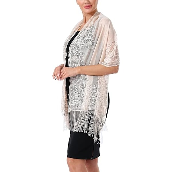 Damkoftor i blommig spets, sjal och omslag för aftonklänning, fransad spets Pashmina-sjal för bröllopskostymfest, Offwhite