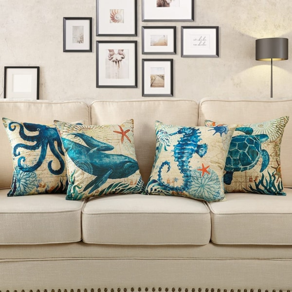 Kuddöverdrag 18x18 tum Set med 2  Havssköldpadda Val Bläckfisk Hippocampus Marint Liv Kuddfodral Kuddfodral för Säng Stol  Soffa Sovrum L