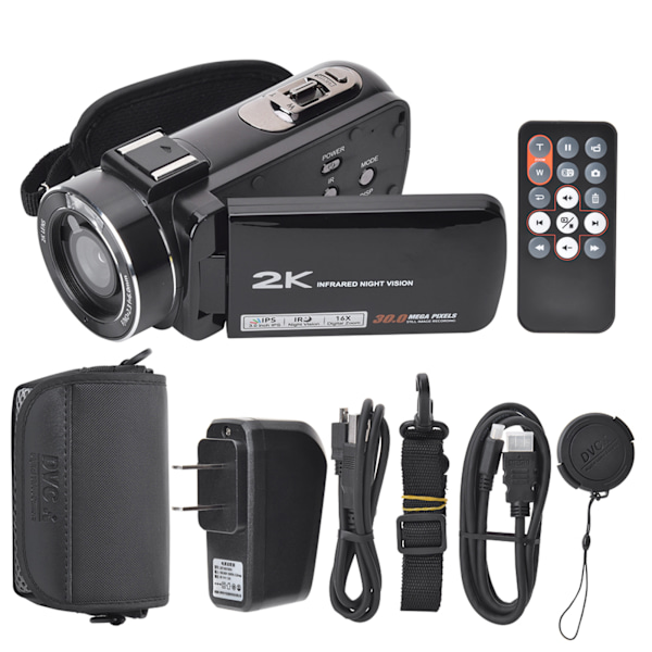 Ordro 2K 30FPS DV-videokamera 16x digital zoom 3 tum högdefinitions IPS-färgskärm nattvision infraröd videokamera