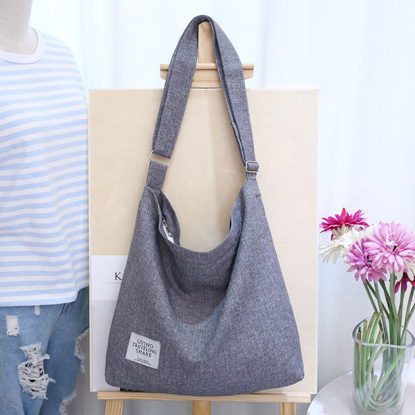 Kvinnor Canvas Tote Bag, Flickor Stor Kapacitet Axelväskor med Ficka - Dam Crossbody Väskor för Shopping Skola Resor Daglig Användning-Grå