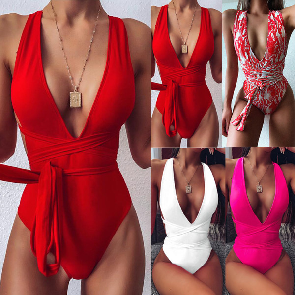 Sexig Tie Criss Cross Plunge One Piece Thong Baddräkt High Cut Brasiliansk Baddräkt, Hot Pink, M