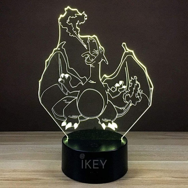 3D Illusion Charizard LED nattlys, 7 farger gradvis endring USB berøring bryter 3D visuelle lys for feriegaver eller hjemmedekorasjoner