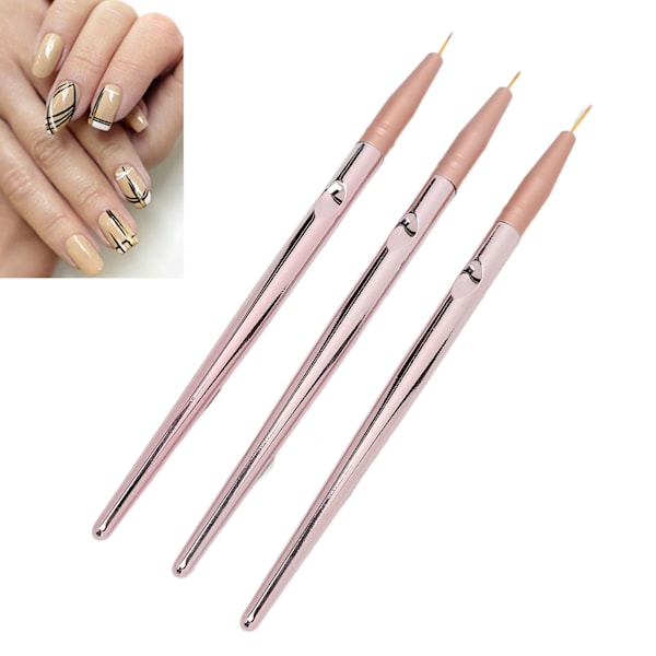 Nagelkonst Liner Pensel Nylon Borst Metall Penntunna Nagel Målnings Penna med Lock för Hemma Nagelsalong Roséguld 3st