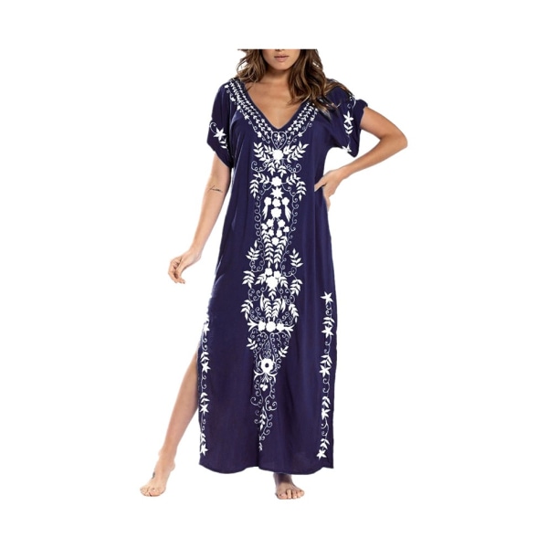 Women Embroidery Short Sleeve Bikini Swimsuit Cover Up Side Split Beach Kaftan Dress