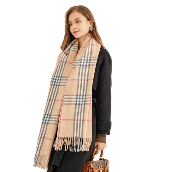 Plaid Cashmere Feel Classic Soft Luxurious Winter Scarf For Men Women（Khaki）