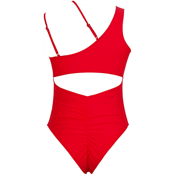 Dame En Skulder Udskæring Rynket Ryg Høj Skæring Monokini En Del Badetøj, Rød, M