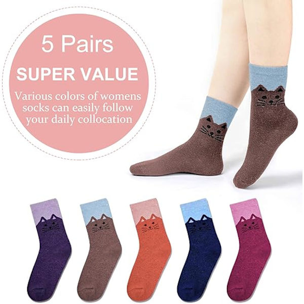 5 Par Damsockor i Ull, Tjockt Stickade Varma Vintersockor, Mysiga Bekväma Sockor, Presenter till Kvinnor