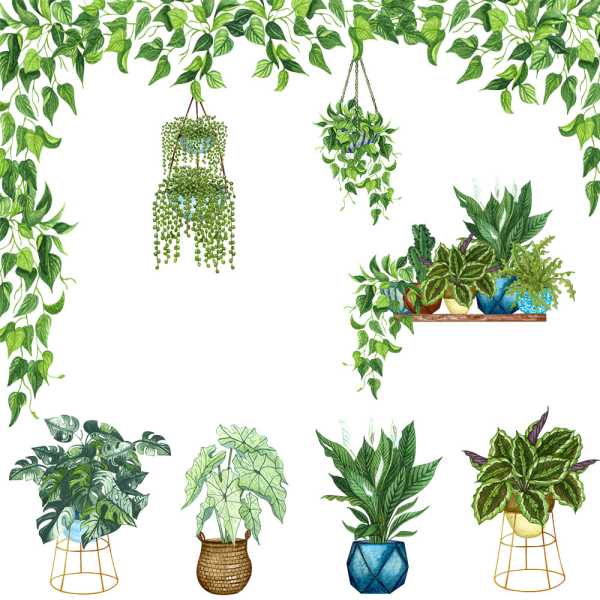 Väggdekor för tropiska gröna krukväxter, väggdekor för färska blad, sovrum, vardagsrum, klassrum, kontor, heminredning