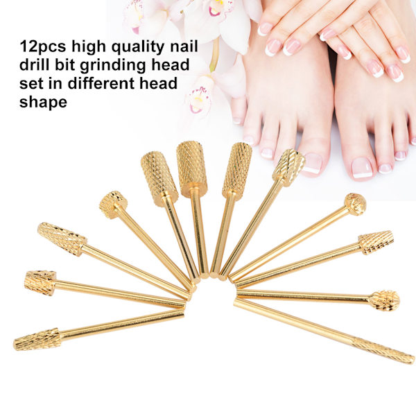 12 st/set Legering Volfram Stål Guld Nagelborr Bits Fil Slipning Huvud Manikyr Vård Verktygssats