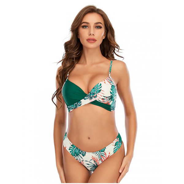 Bikinibaddräkt för kvinnor med blommönster med snörning V-ringad baddräkt i två delar, grön, XL