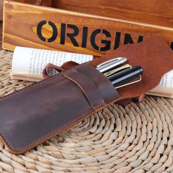 Læder Pen Etui Holder Håndlavet Springvand Multi Pen Pung Crazy Horse Læder Pen Beskyttende Ærme Cover Stor - Brun