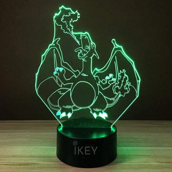 3D Illusion Charizard LED nattlys, 7 farger gradvis endring USB berøring bryter 3D visuelle lys for feriegaver eller hjemmedekorasjoner