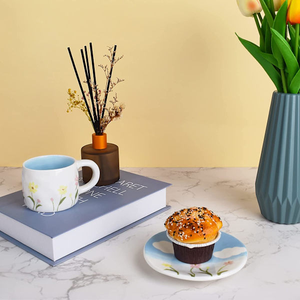 Keramisk kaffekop med underkopssæt, kreativt blomsterkrus unikt design til kontor og hjem, 8,5oz/250ml til latte te mælk (forår)