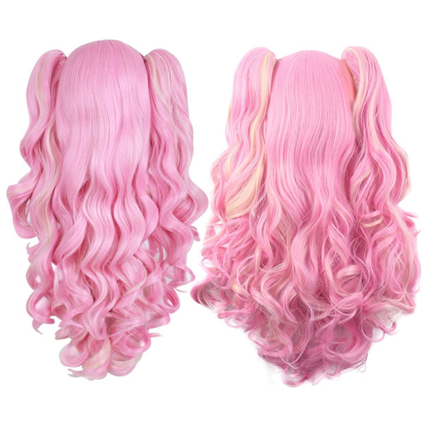 Wekity flerfarget Lolita lang krøller hestehale cosplay parykk, rosa + gull