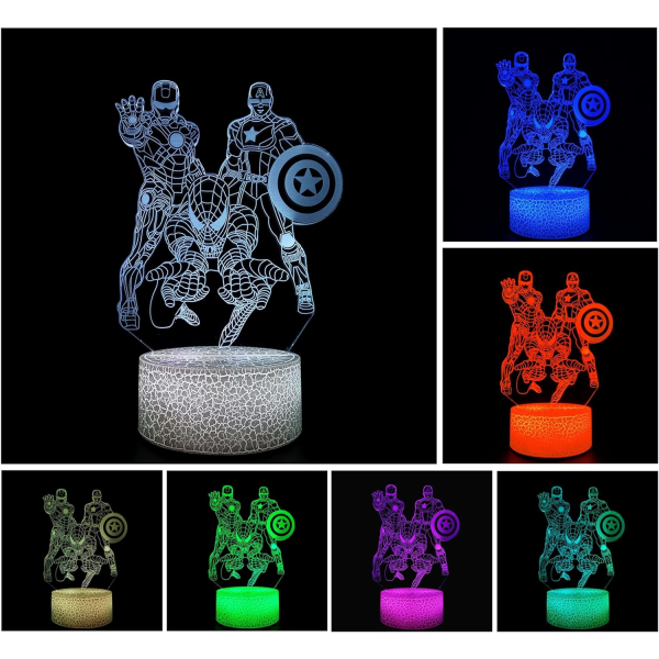 WJ 3D Illusion Nattlampa LED Skrivbordslampa Touch Control 7 Färgbyte för heminredning eller semester Barnens gåvor hjältar