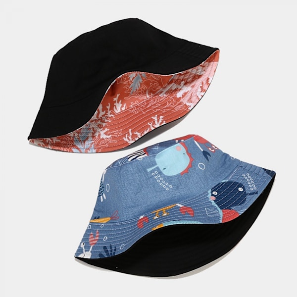 AVEKI Unisex Havsdjursmönstrad Bucket-hatt Dubbelsidig Bärbar Reversibel Fiskarhatt