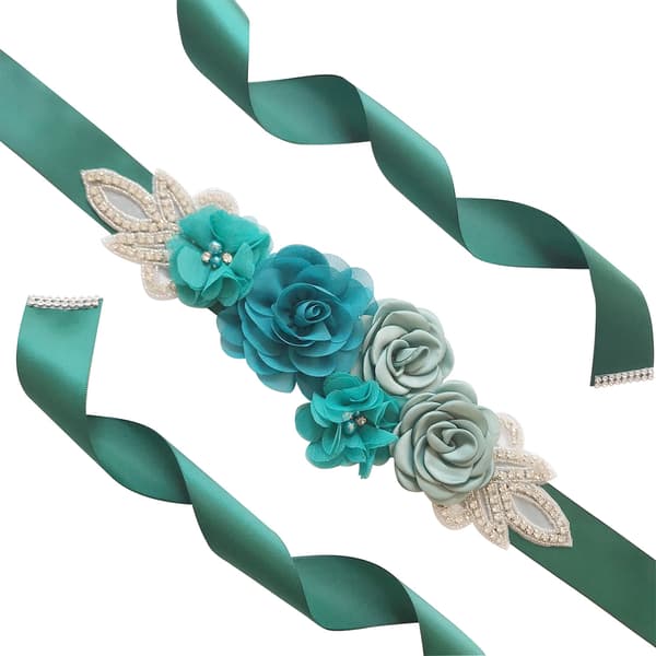 Bröllopssashbälte med blommor, pärlor och strass, mörkgrön