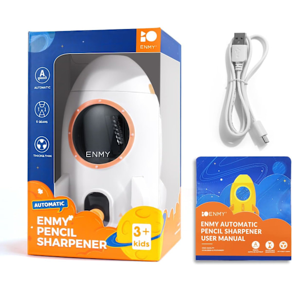 Elektrisk blyantspidser, fuldautomatisk blyantspidser til nr. 2/farveblyanter (7-12 mm), automatisk ind og ud, fuldstændig håndfri opladning Orange & White