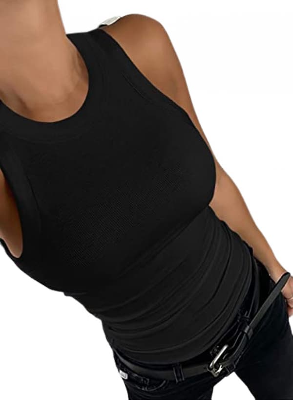 Tanktoppe til kvinder, ærmeløs basic cami-top, slim racerback-bluser til sommer --- Sort (størrelse L)