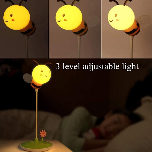 Söt humla LED-skrivbordslampa touch-kontroll dimbar 3 ljusstyrkor och 360° flexibel svanhals ögonvård USB-laddningsbar (gul)