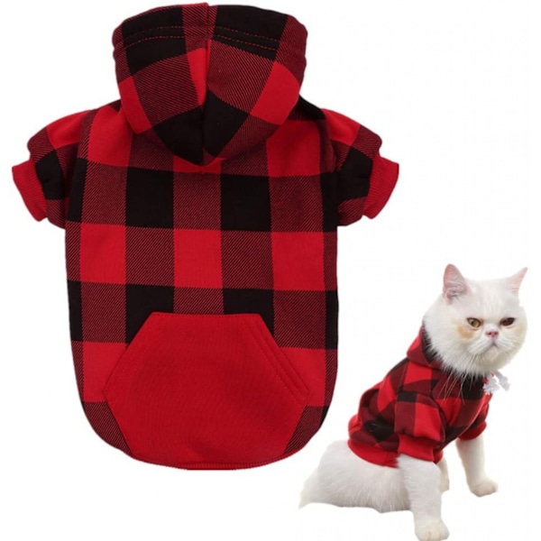 Plaid Dog Hoodie Pet Clothes Sweaters with Hat，Red，  Medium (Pack of 1)