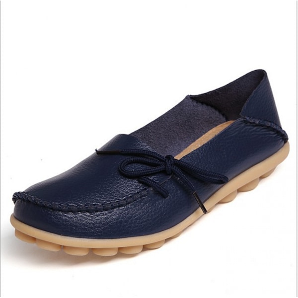 Damloafers - Casuala slip-on loafers i läder för kvinnor - Bekväma körsko för utomhuspromenader - Mörkblå (storlek 41)