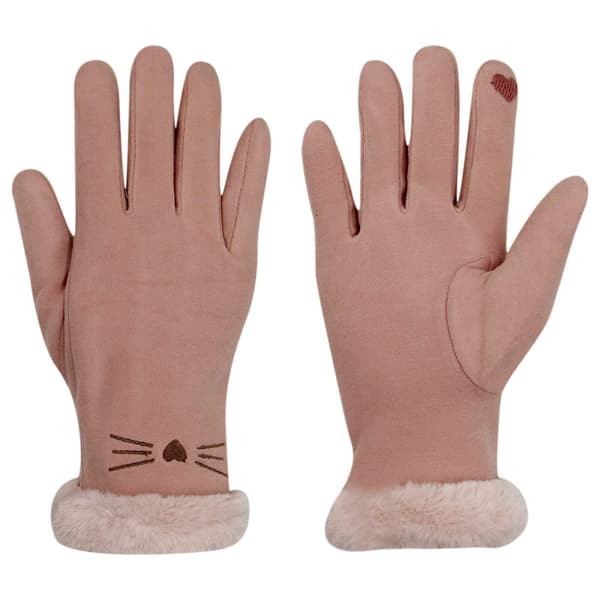 Søde kattehandsker til kvinder - Bløde ruskindsvinterhandsker, fleeceforede med kunstpelskant, termiske vanter til koldt vejr (pink) pink