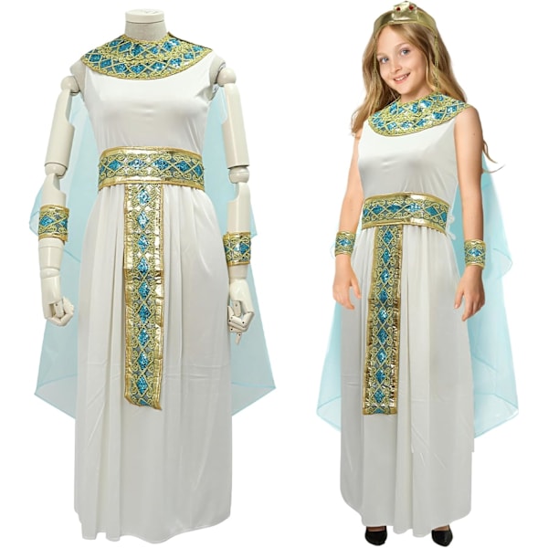 Jentekostyme Cleopatra - Egyptisk Kostyme Kjole Kappe Belte Krage Hodeplagg Armbånd Egyptisk Antrekk 4-12 År Medium Blue