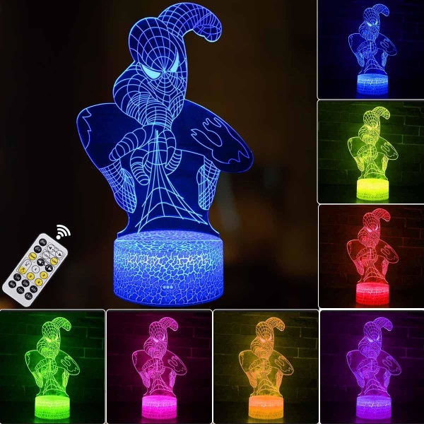 WJ 3D Illusion LED-lampe Superhelt 3D nattlys for barn 16 farger skiftende berøring og fjernkontroll dekorlampe for gutter jenter julegaver Spindelmannen
